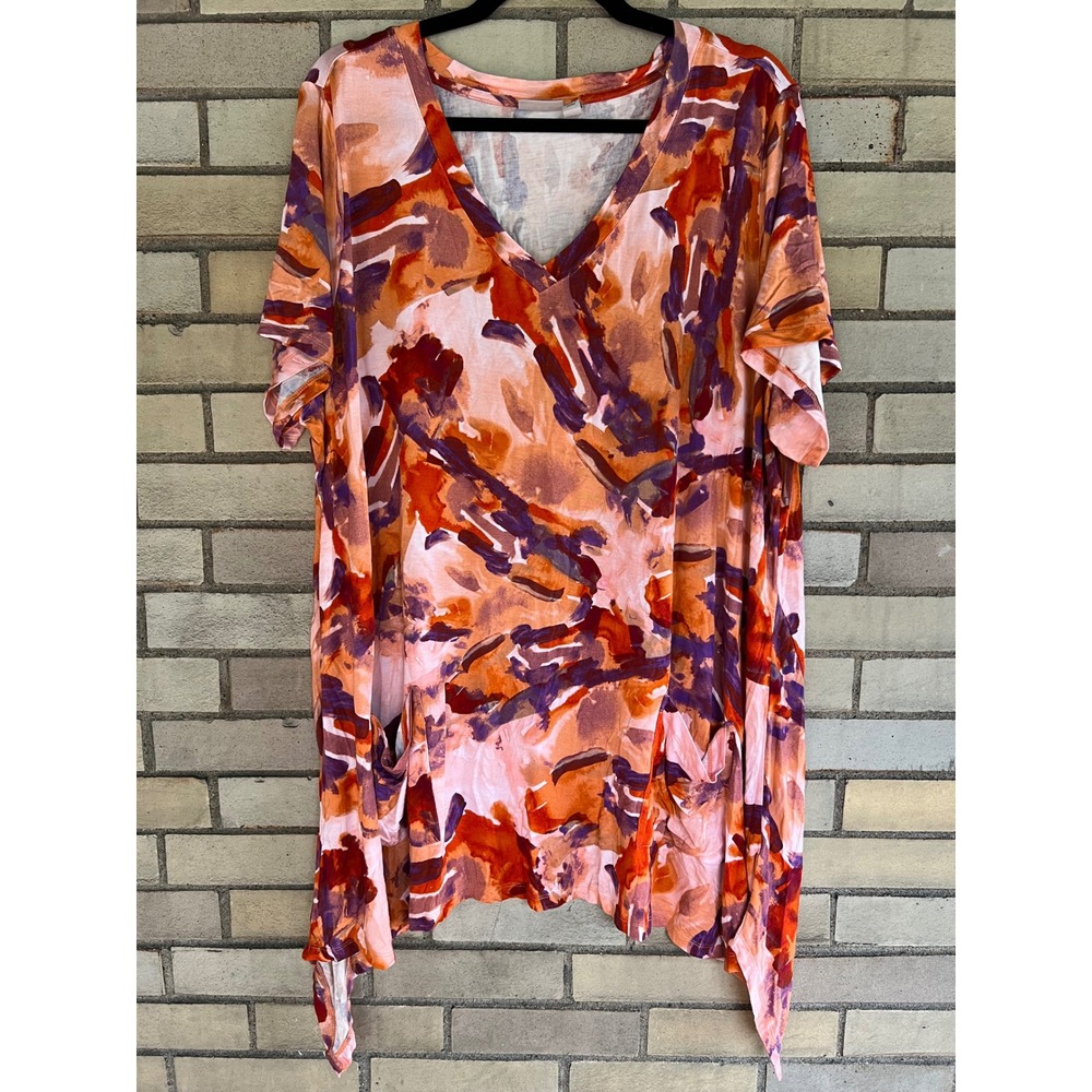 LOGO Lori Goldstein Abstract Print Sharkbite Hem V-Neck Tunic Top Orange Plus 3X